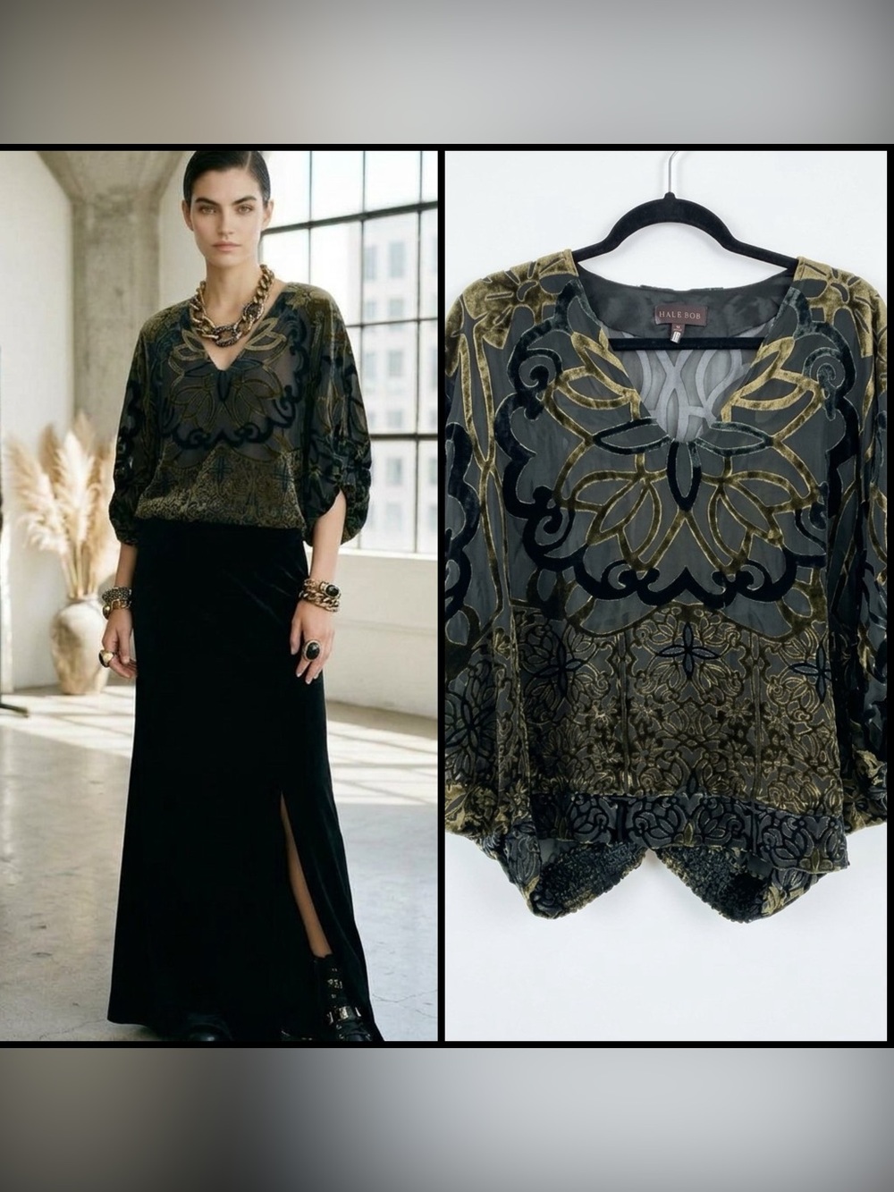 Hale Bob Silk Blend Velvet Burnout Blouse Olive Green Sheer Whimsigoth Boho S